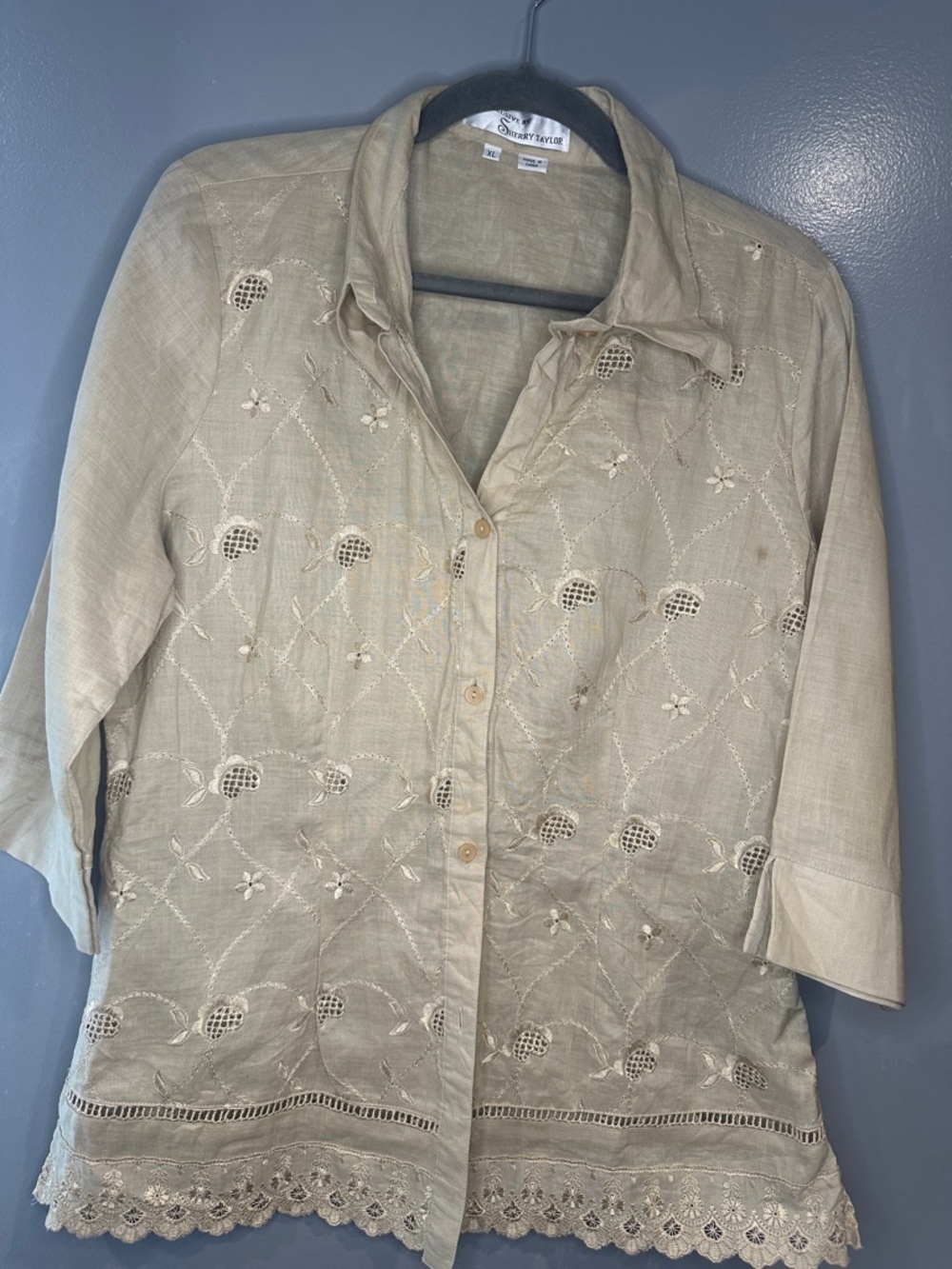 Sherry Taylor XL Ramie Embroidered Floral Button Up Blouse Boho Cottagecore